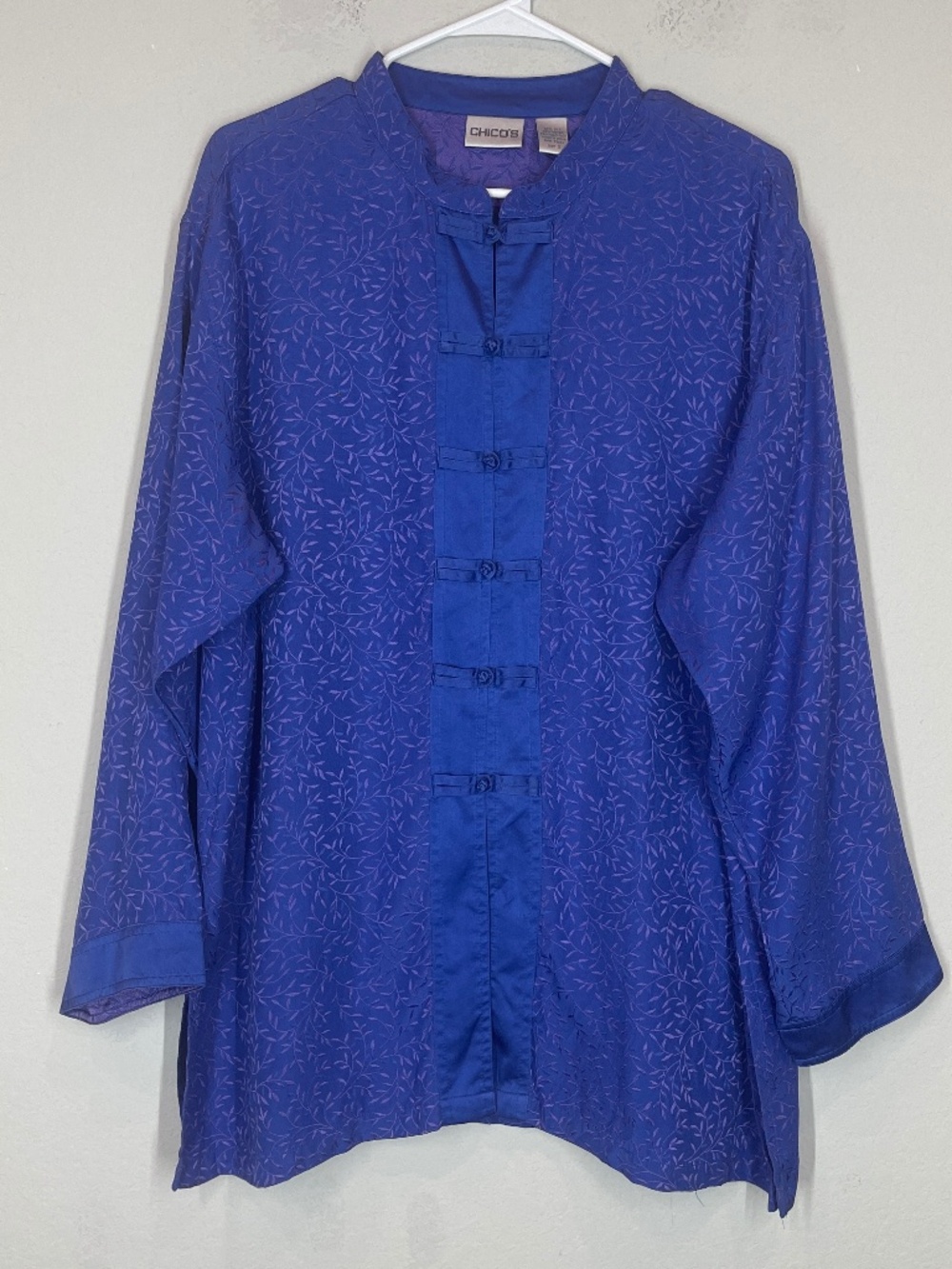 Chico's Blouse Women's Size 3 Blue Silk Blend Mandarin Collar Long Sleeve